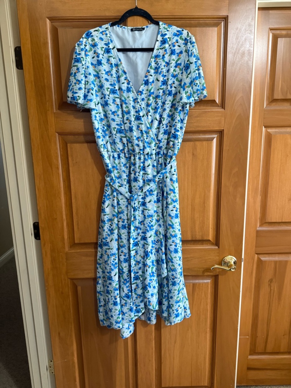 Blue Floral Wrap Midi Dress with Self-Tie Waist